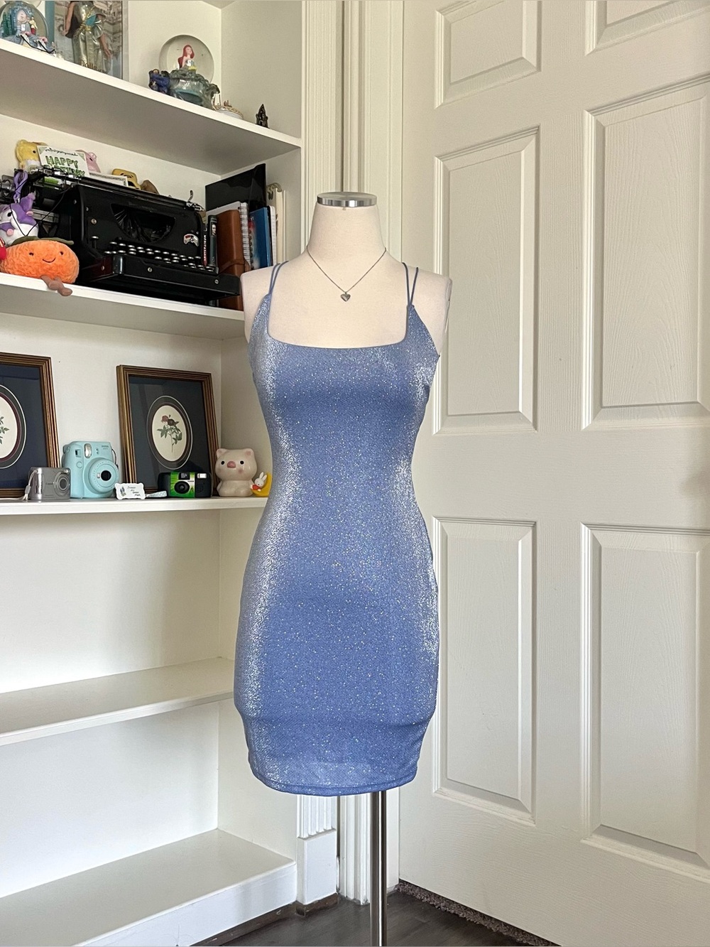 Windsor Sparkle Square-Neck Mini Dress in Shimmery Blue